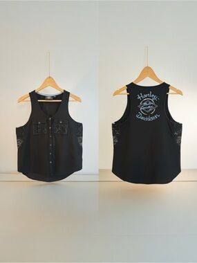 Harley-Davidson Black Snap Button Tank Sleeveless Biker Moto Lace Edgy Size M